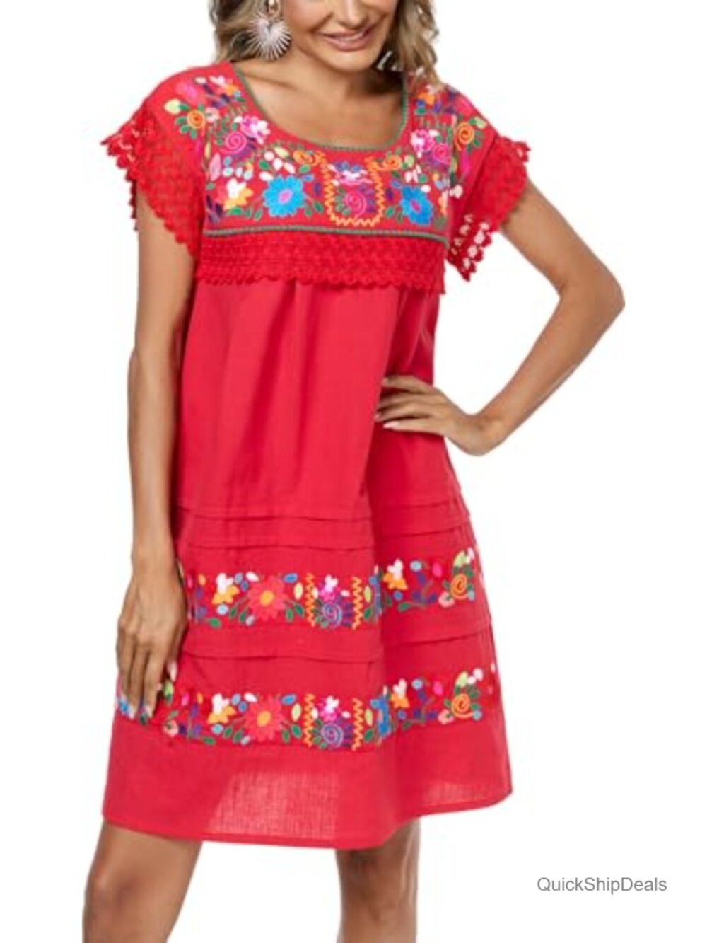 Mexican Floral Embroidered Cotton Peasant Dress Boho Short Sleeve
